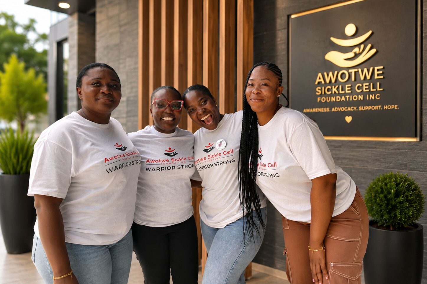 Four women wearing matching "Warrior Strong" t-shirts smile together in front of the Awotwe Sickle Cell Foundation Inc. sign.